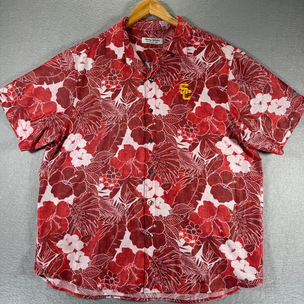 USC Trojans Tommy Bahama Coconut Point Button Up Shirt‎ Men XL Red Floral NCAA